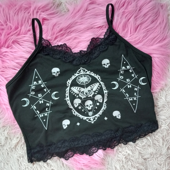 Fairy grunge occult moth cropped tank w/ lace accents! Stretchy! - Picture 4 of 4